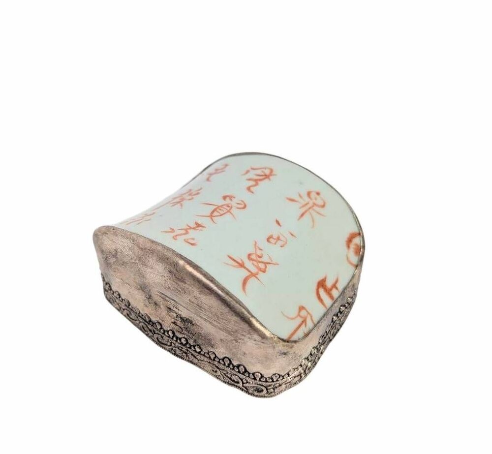 Vintage Chinese calligraphy painting wrist hand rest paperweight porcelain metal